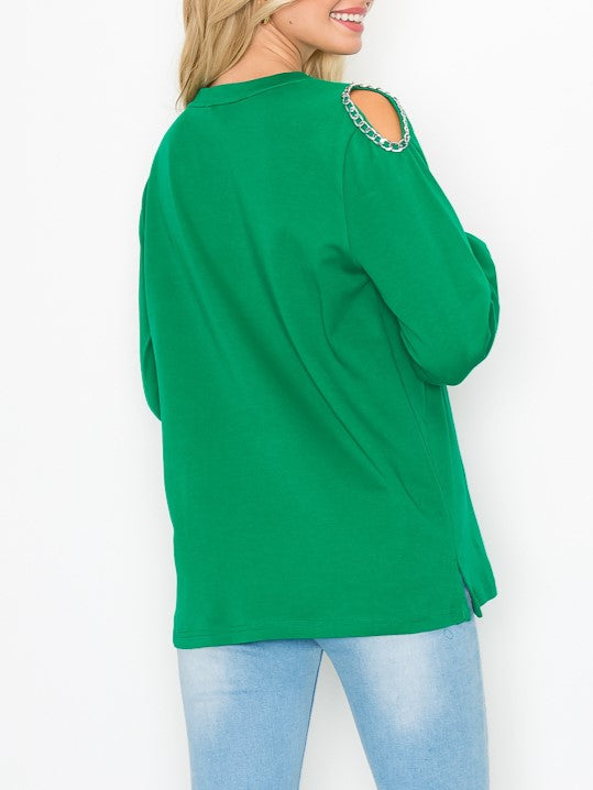 Rita Open-Shoulder Top With Chain Trim