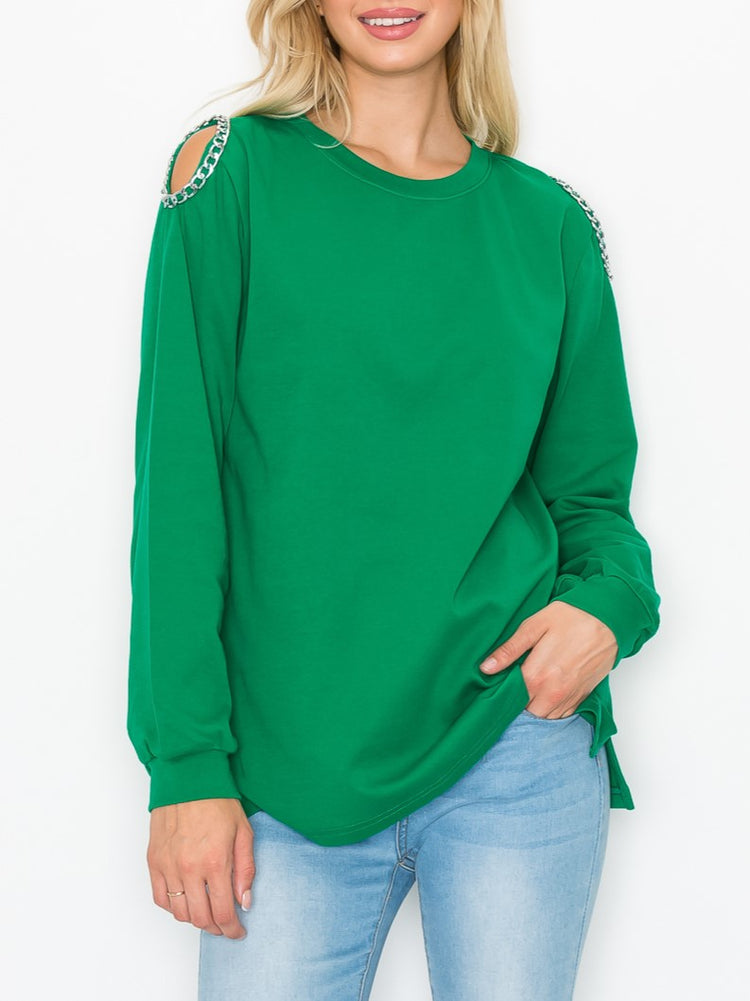 Rita Open-Shoulder Top With Chain Trim
