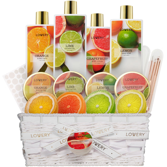 Home Spa Kit in Lemon, Orange, Grapefruit Lime Scents, Relaxing Stress Relief Gift Set, 19 Pieces