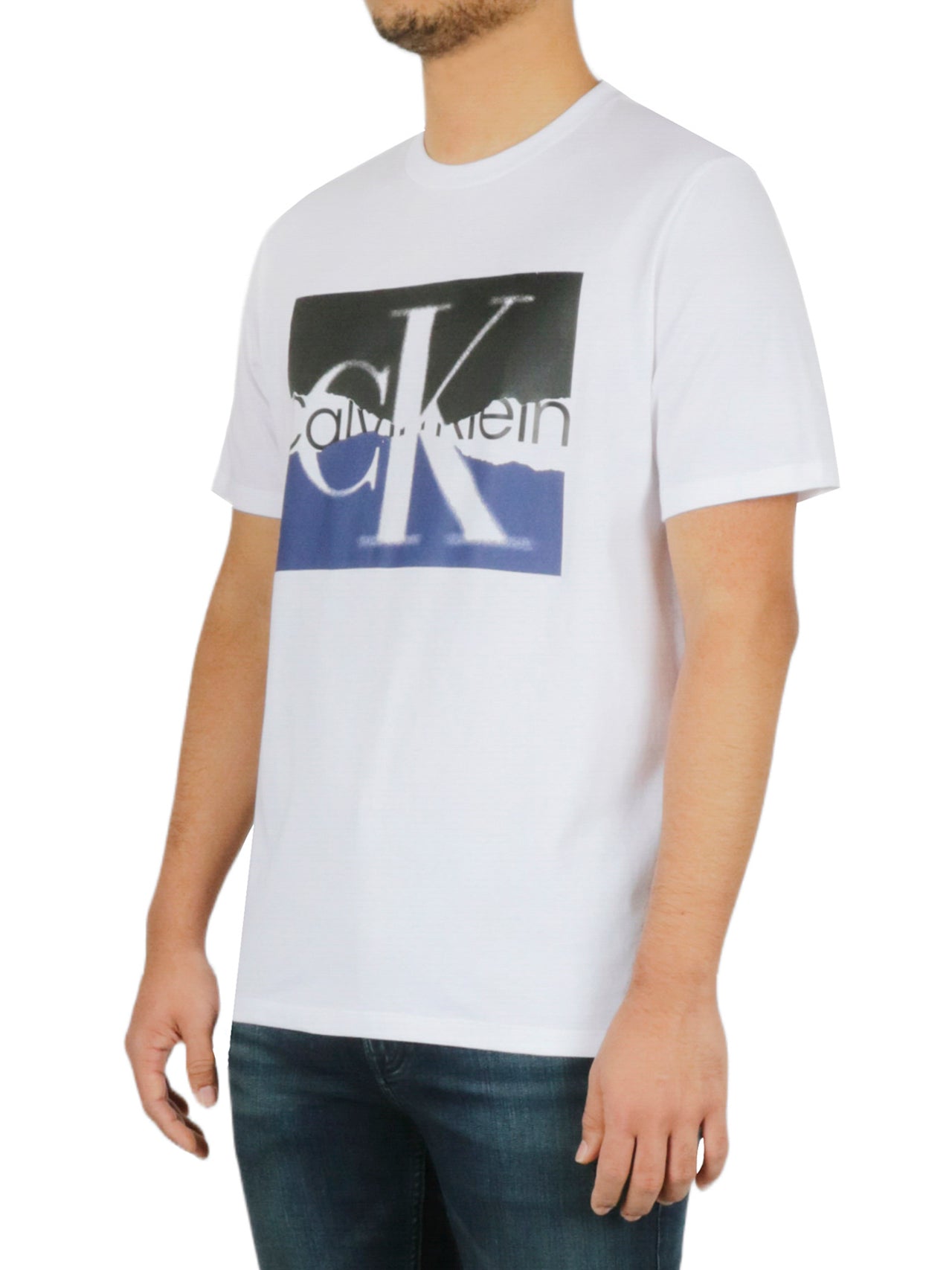  Calvin Klein Short Sleeves Torn Logo Crew Tee - Brilliant White - Bonton