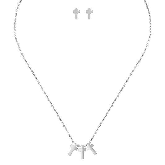 Three Cross Pendant Necklace and Cross Stud Earrings Set