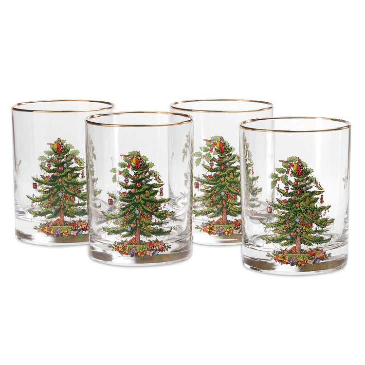 Christmas Tree Double Old Fashion Glasses Set of 4