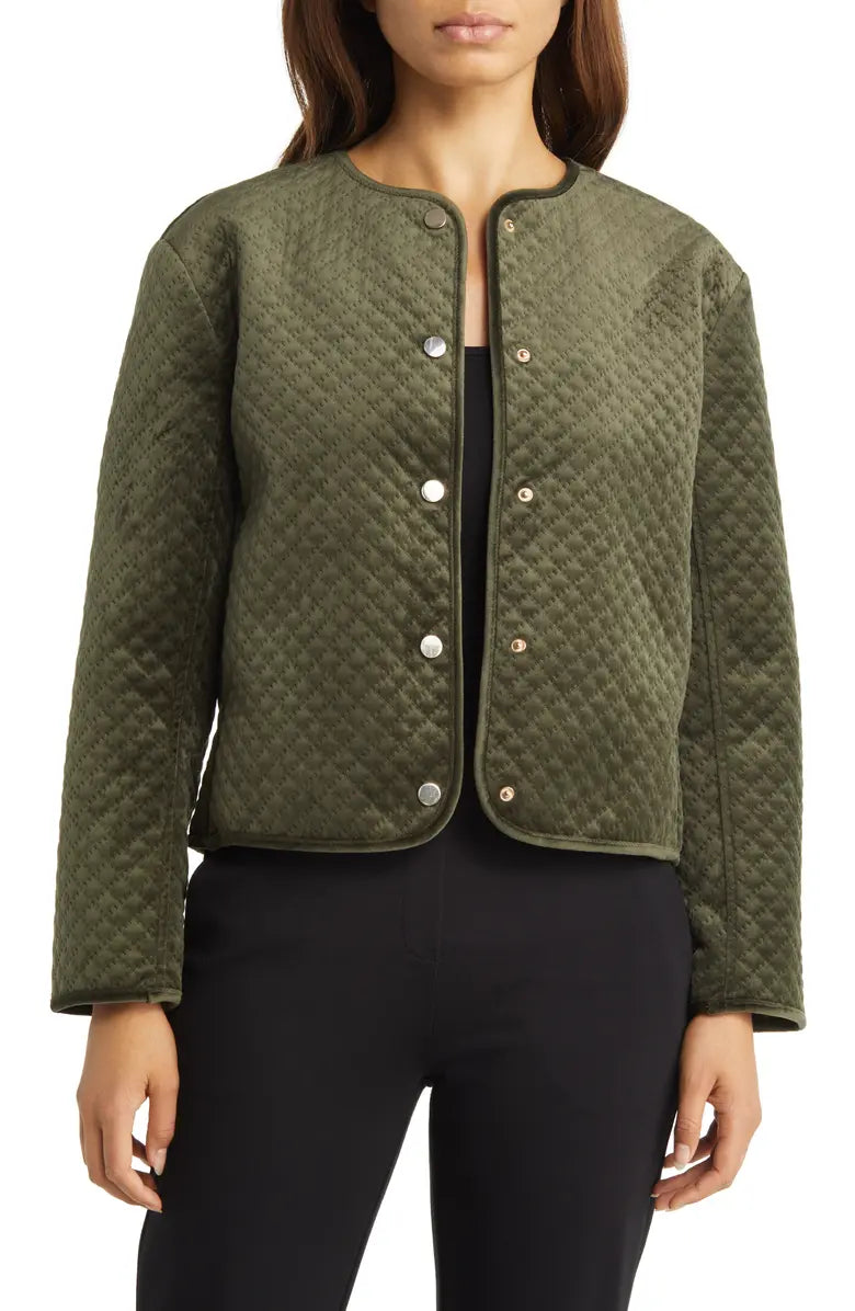  Anne Klein Quilted Snap-Front Velvet Jacket - Kelp - Bonton