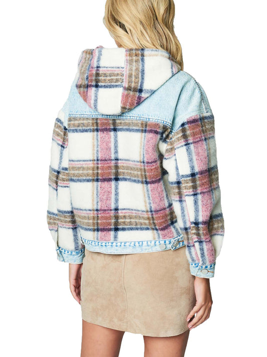 Hooded Denim & Plaid Patchwork Jacket