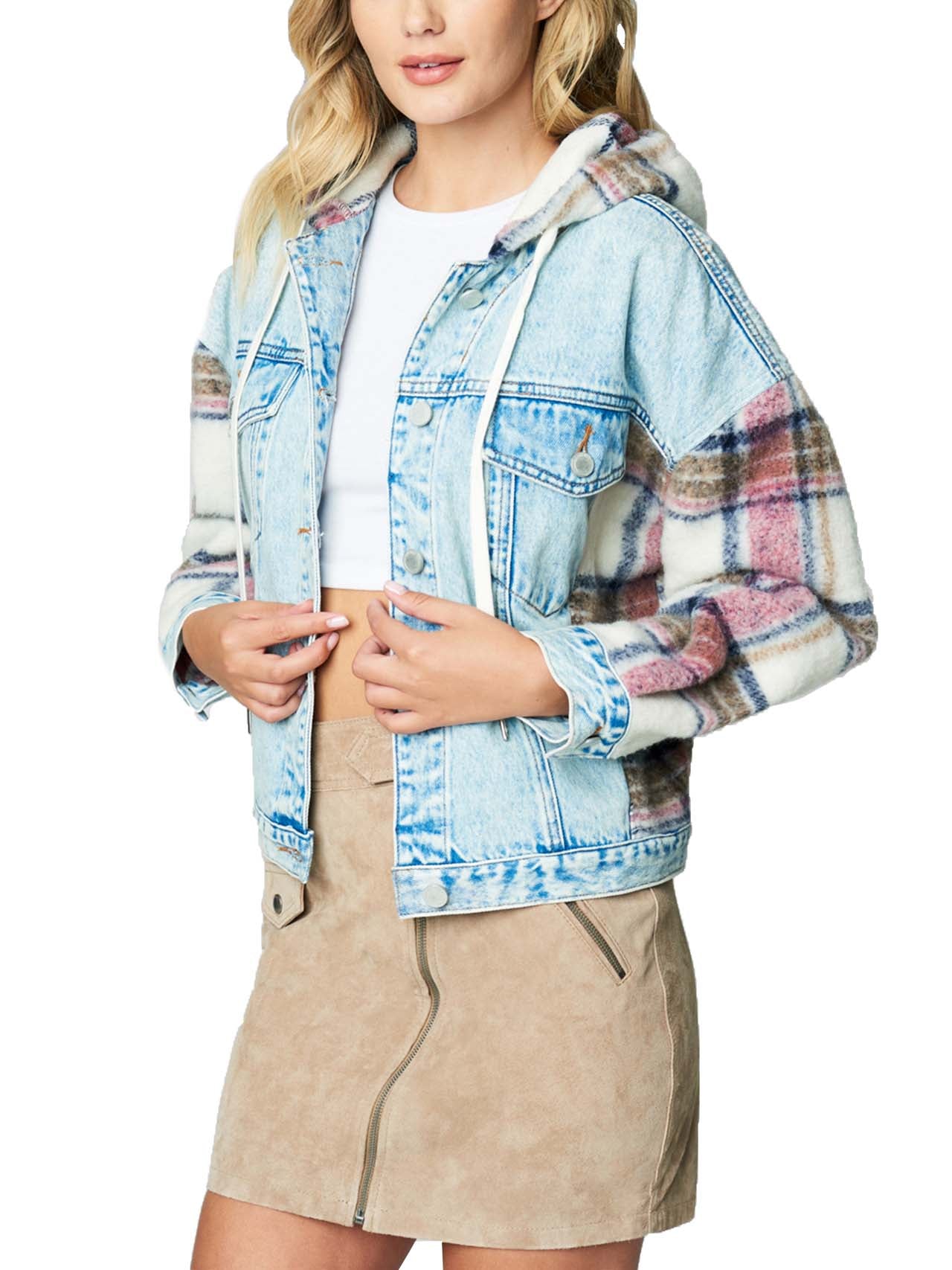  BlankNYC Hooded Denim & Plaid Patchwork Jacket - Multi - Bonton