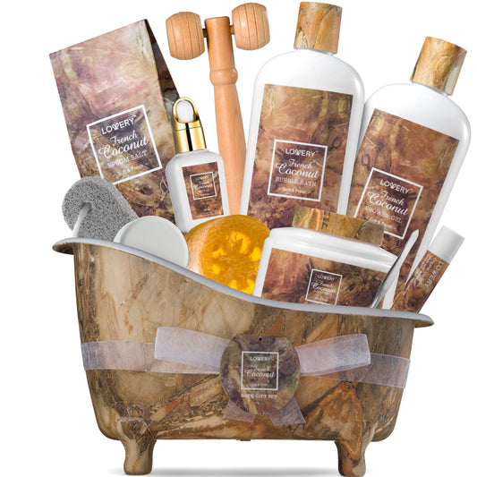 French Coconut Bath and Body Relaxation Gift Basket, 13 Pieces