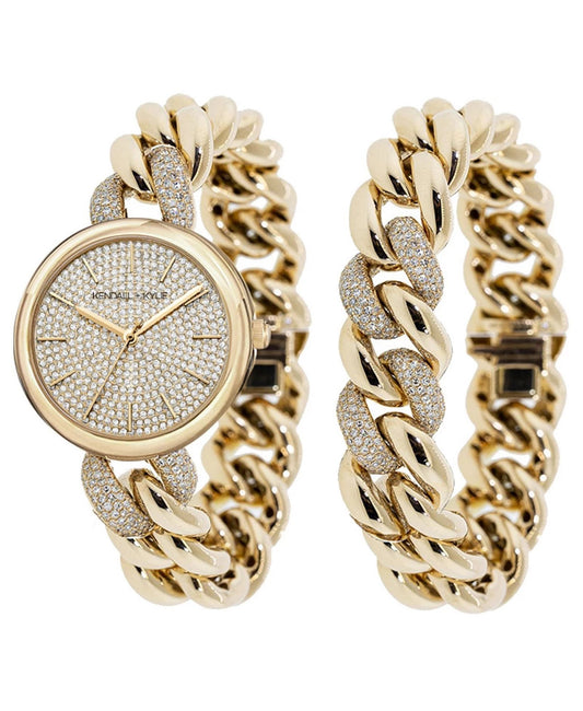 Crystal Chain Link Watch-Bracelet Set Gold