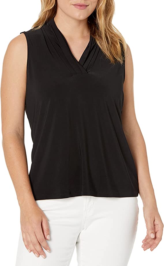  Anne Klein Triple Pleat Split Neck Top - Black - Bonton