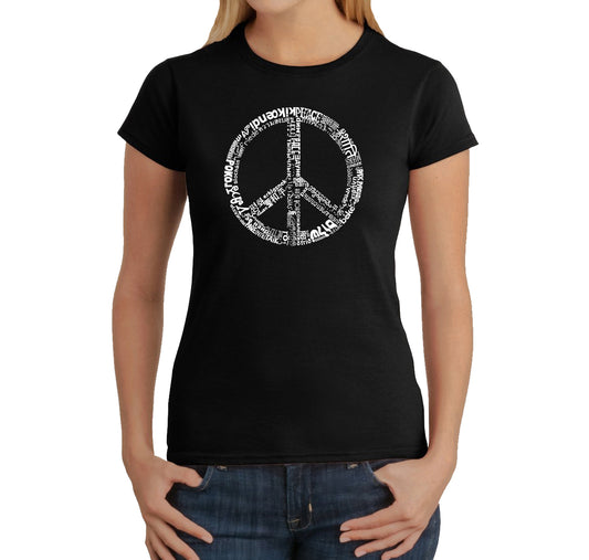 LA Pop Art Women's Word Art T-Shirt - The Word Peace In 77 Languages