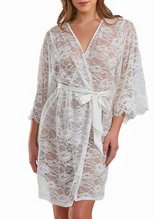 Andrea Soft Sheer Lace Robe with Self Tie Satin Sash