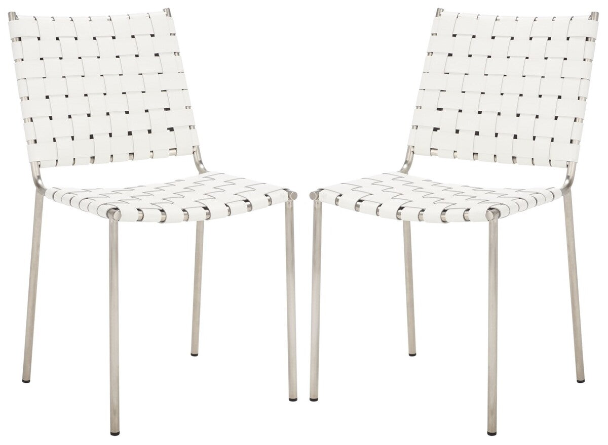  Safavieh Wesson Woven Leather Dining Chair Set of 2 - White / Silver - Bonton