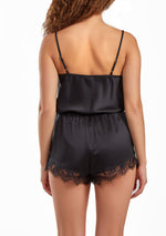Arland 1pc Satin Romper with Front Drape and Floral Eyelash Lace Trim