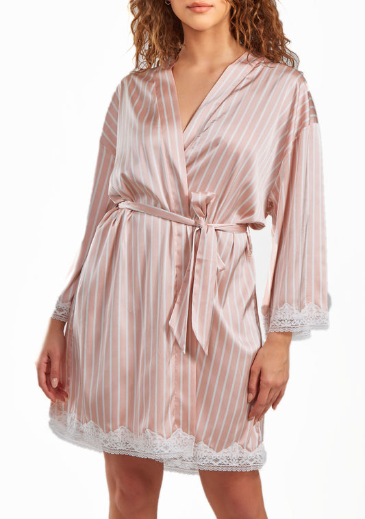 Brittney Satin Striped 1pc Robe with Self Tie Sash and Trimmed in Lace