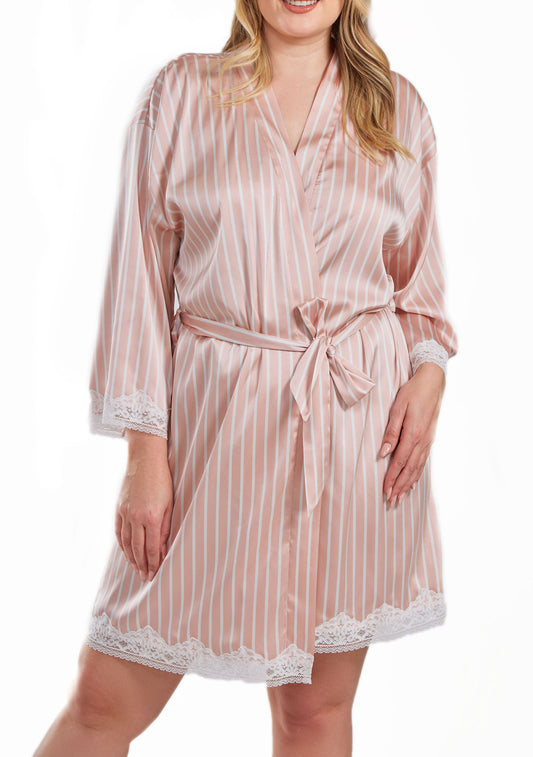 Brittney Plus Size Satin Striped 1pc Robe with Self Tie Sash and Trimmed in Lace