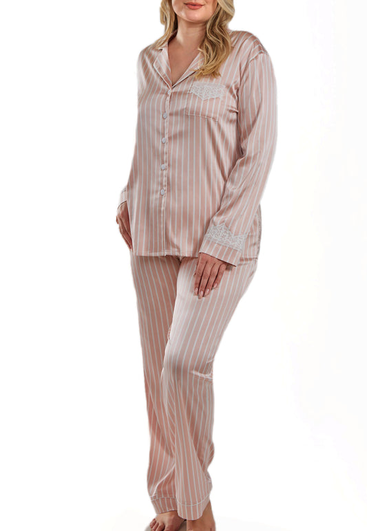 Brittney Plus Size Satin Striped Button Down Pajama Pant Set