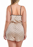 Tamara Plus Size Dotted Satin Romper With Button Down Lace Overlay
