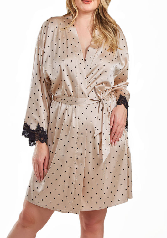 Tamara Plus Size Dotted Satin Robe with Lace Trimmed Sleeves and Self Tie Sash