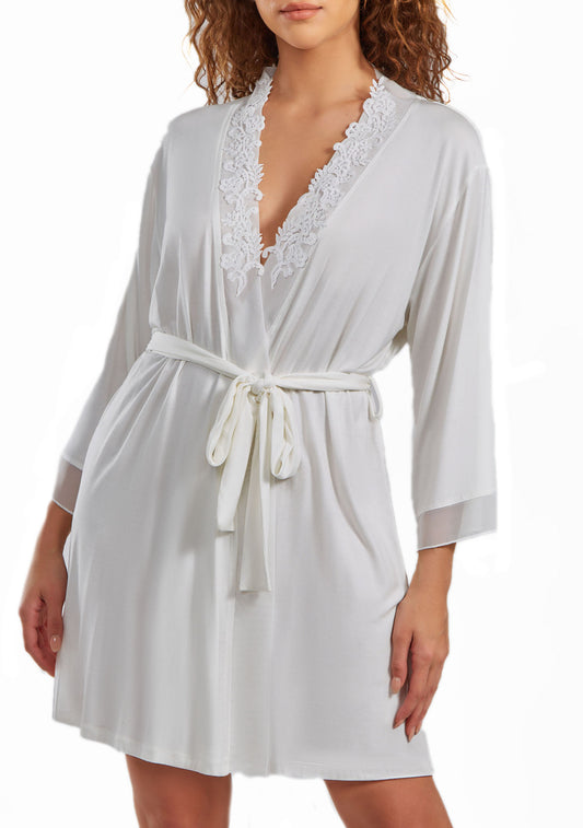 Tyler Lace Robe with Mesh Trimmed Sleeves and Self Tie with Sash