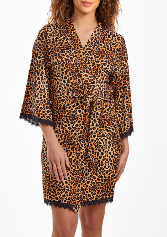 Reise Leopard Robe with Self Tie Sash and Lace Trimmed Hemlines