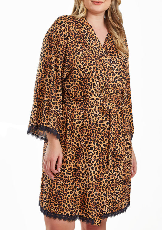 Reise Plus Size Leopard Robe with Self Tie Sash and Lace Trimmed Hemlines