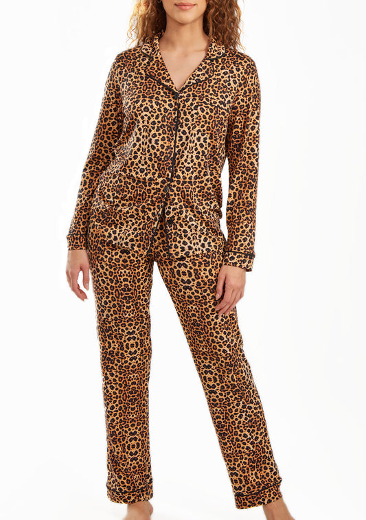 Reise Ultra Soft Leopard PJ Pant Set with Button Down Collar