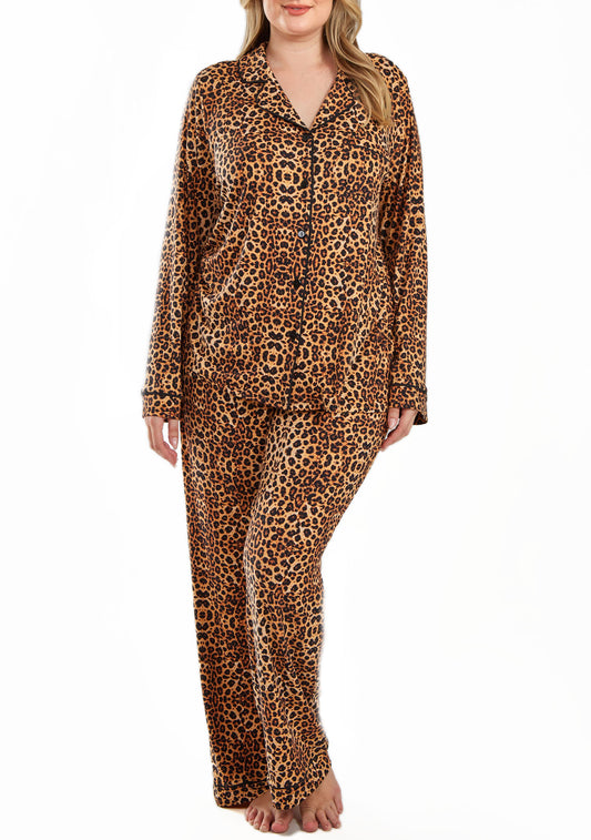 Reise Plus Size Ultra Soft Leopard PJ Pant Set with Button Down Collar