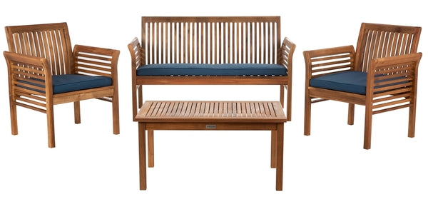  Safavieh Carson 4 Piece Outdoor Set - Natural/Navy - Bonton