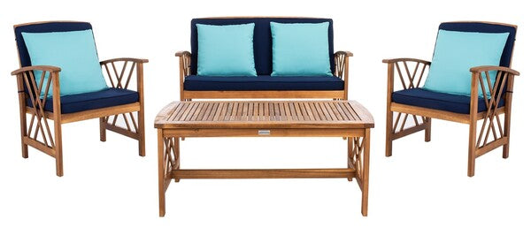  Safavieh Fontana 4 Piece Outdoor Set - Natural/Navy - Bonton