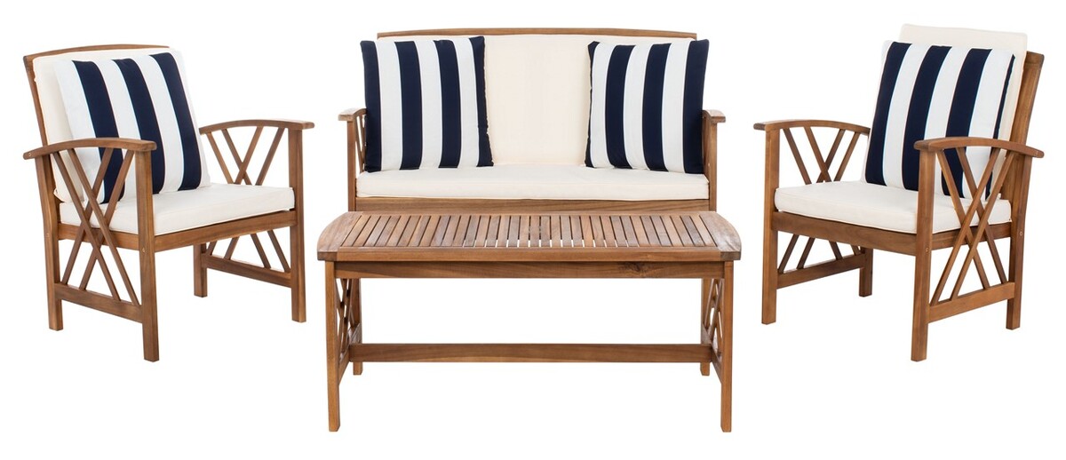  Safavieh Fontana 4 Piece Outdoor Set - Natural/Beige/Navy Wide Stripe White - Bonton