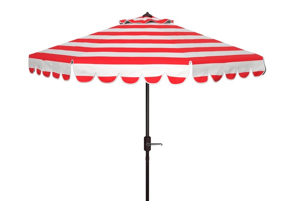  Safavieh Maui Single Scallop Striped Crank Push Button Tilt Umbrella - Red Stripe - Bonton