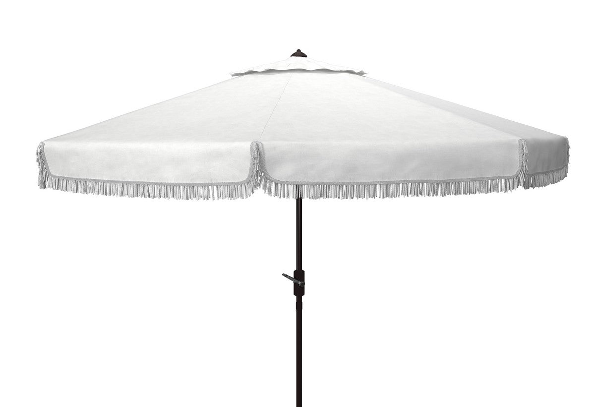  Safavieh Milan Fringe Round Crank Umbrella - White - Bonton