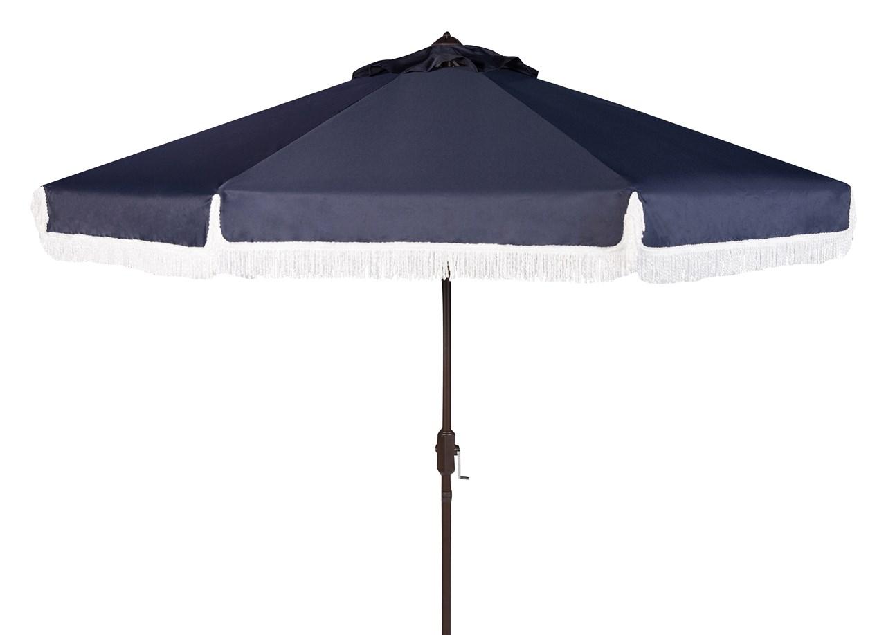  Safavieh Milan Fringe Crank Outdoor Push Button Tilt Umbrella - Navy/White - Bonton