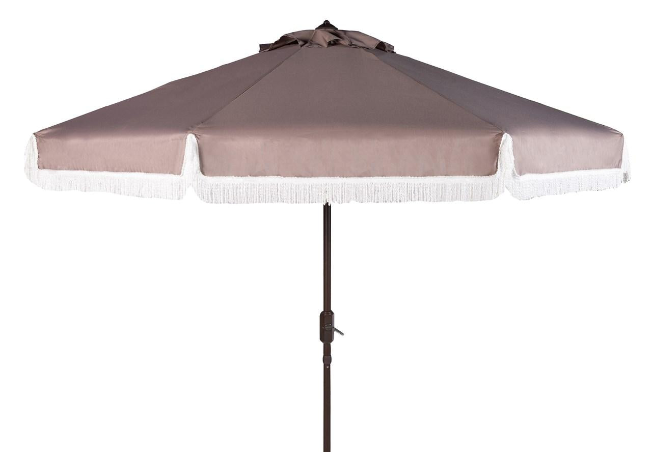  Safavieh Milan Fringe Crank Outdoor Push Button Tilt Umbrella - Gray/White - Bonton