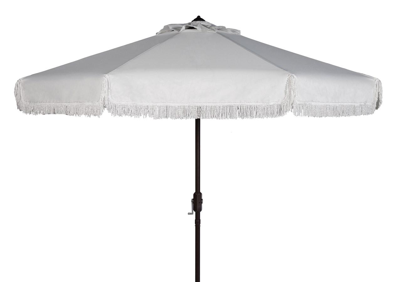  Safavieh Milan Fringe Crank Outdoor Push Button Tilt Umbrella - White - Bonton