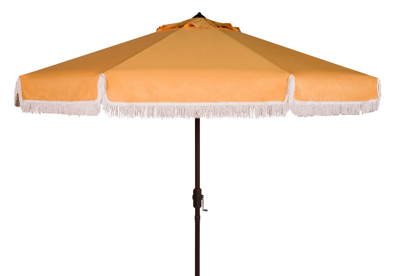  Safavieh Milan Fringe Crank Outdoor Push Button Tilt Umbrella - Yellow/White Trim - Bonton