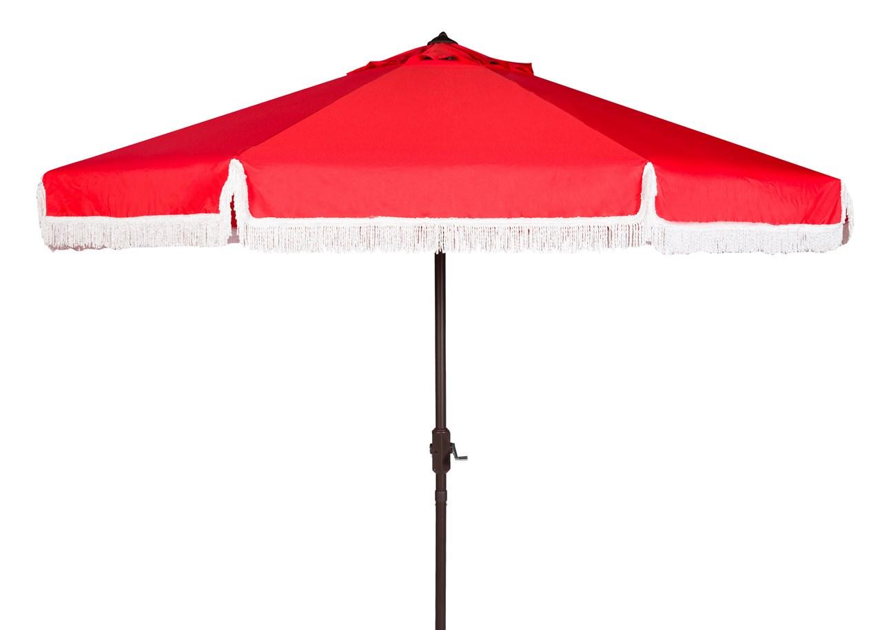  Safavieh Milan Fringe Crank Outdoor Push Button Tilt Umbrella - Red/White - Bonton