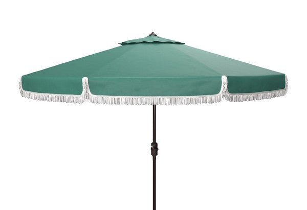  Safavieh Milan Fringe Crank Outdoor Push Button Tilt Umbrella - Hunter Green - Bonton