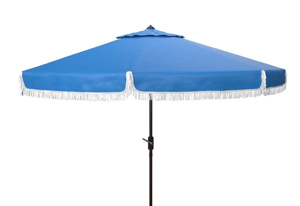  Safavieh Milan Fringe Crank Outdoor Push Button Tilt Umbrella - Pacific Blue - Bonton