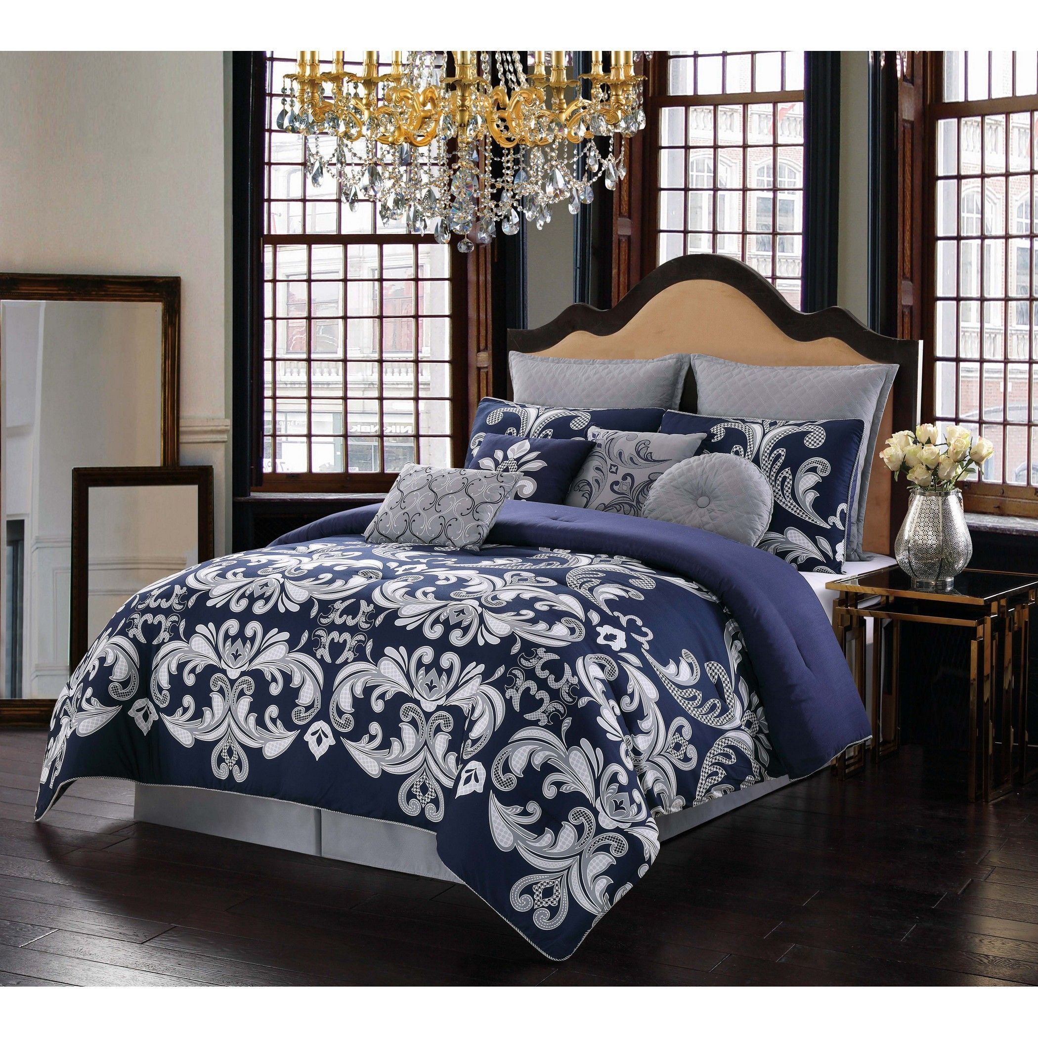  Dolce Scroll Comforter Set - Silver and Navy - Bonton