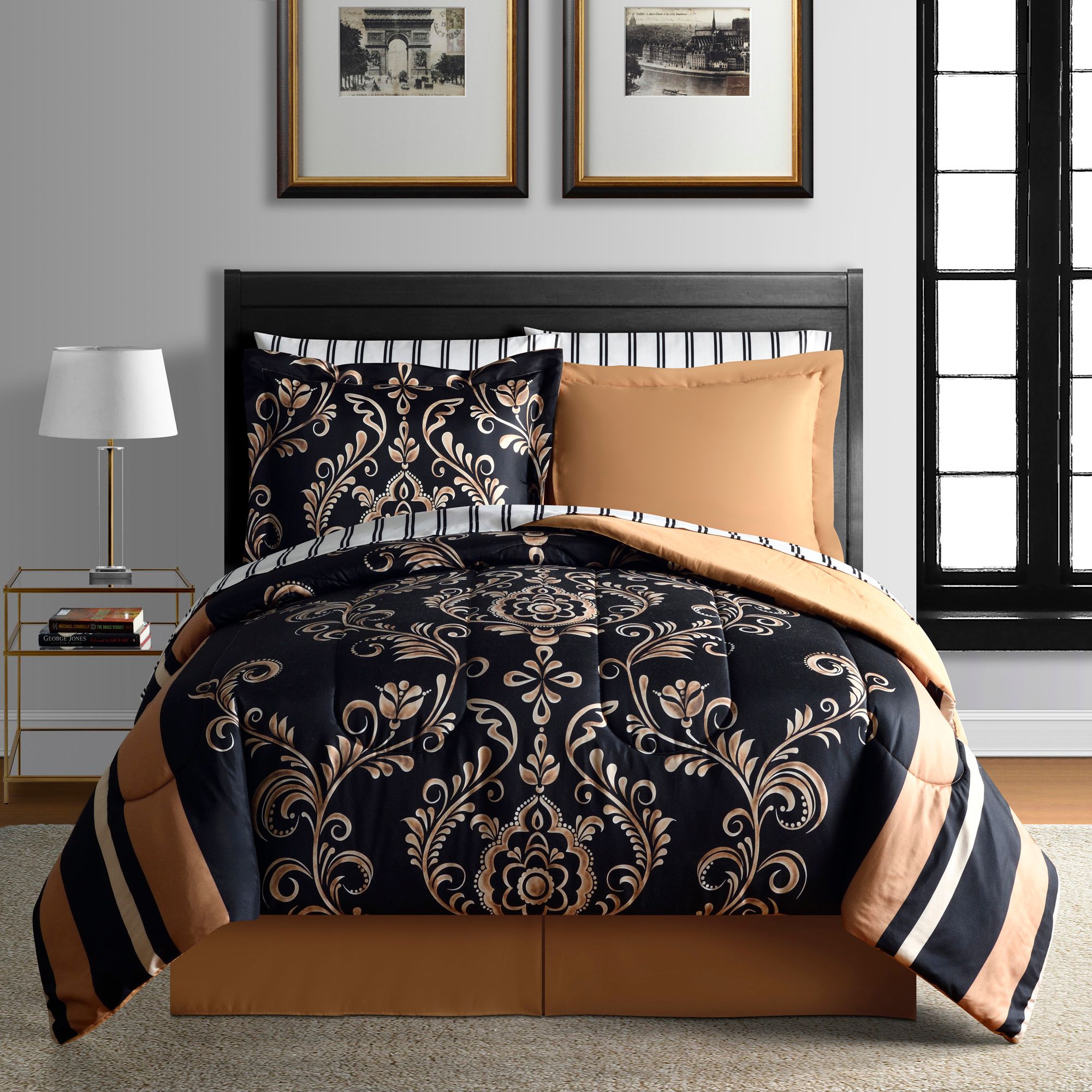  Lanwood Home Sabrina Reversible Comforter Set - Black/Gold - Bonton