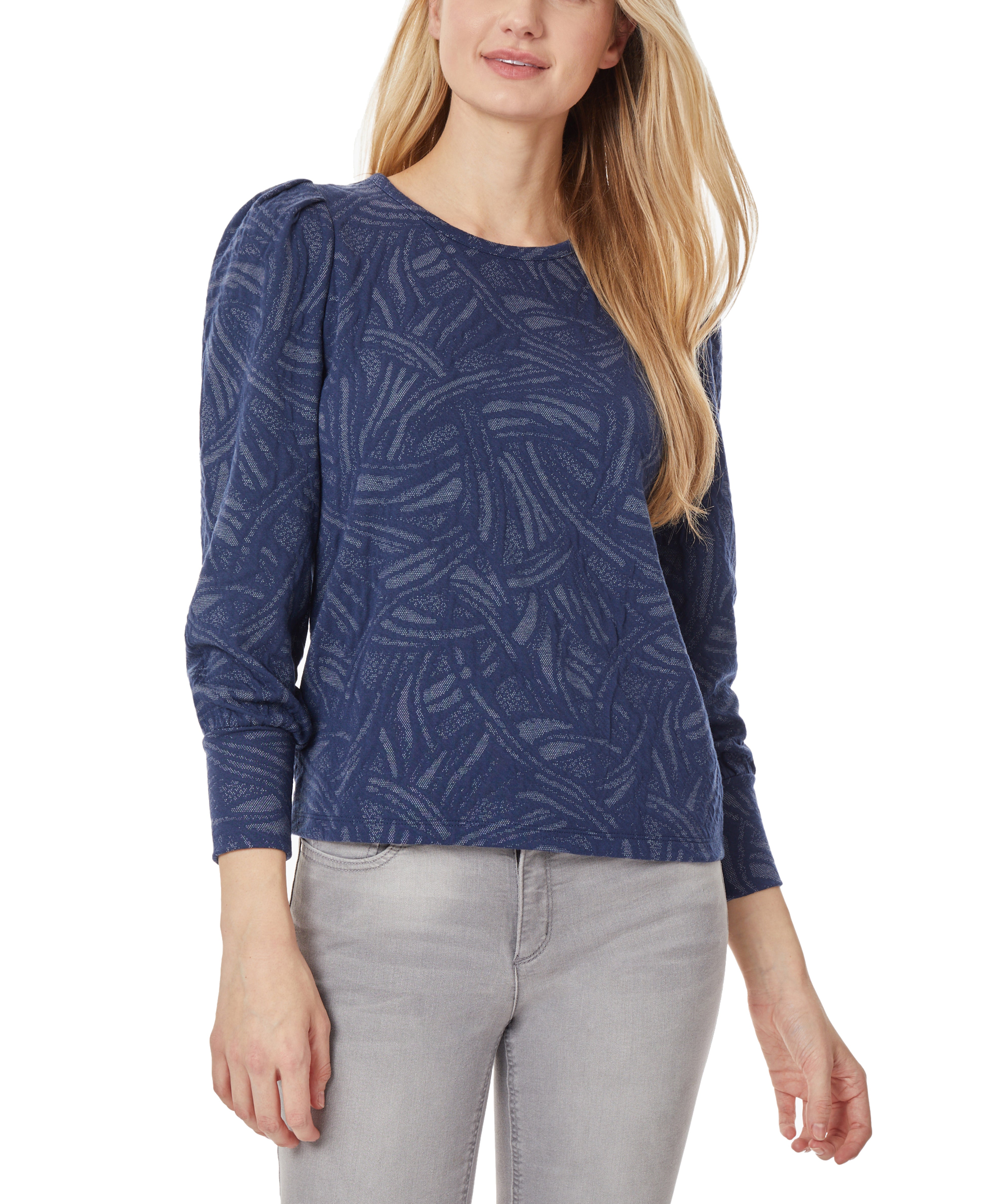  Jones New York Puff Sleeve Scoop Neck Top - Indigo/White - Bonton