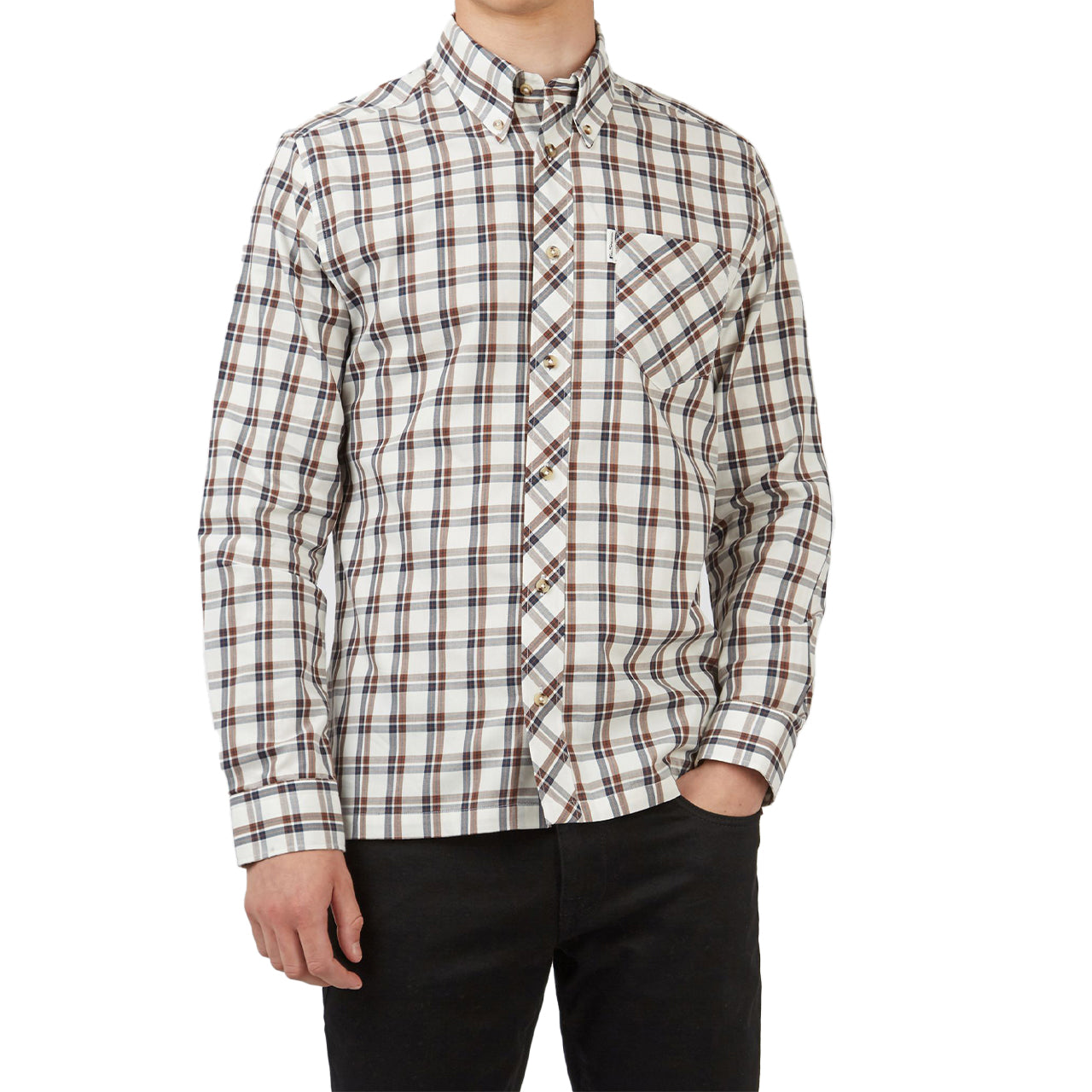  Ben Sherman Long Sleeve Grid Check Buttondown Shirt - Ivory - Bonton