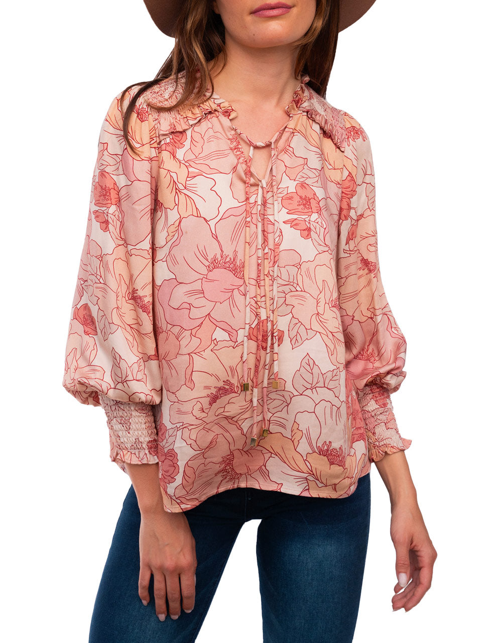  Hannah Smocked Top - Blush Floral Satin - Bonton