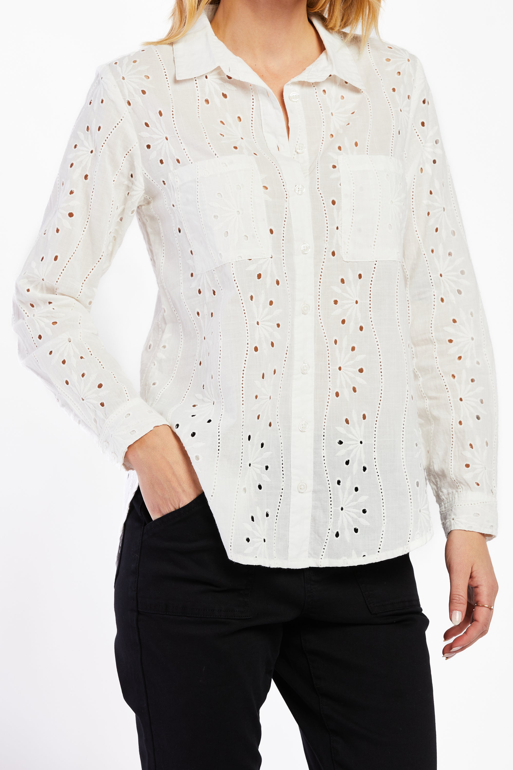  Anise Long Sleeve Eyelet Button Down Shirt - White - Bonton