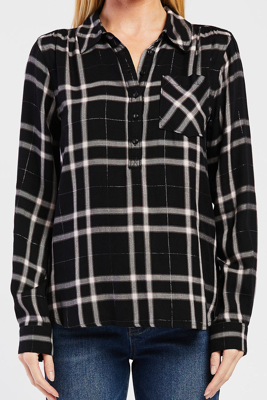  Brittina Long Sleeve Plaid Shirt - Black Pink Plaid - Bonton