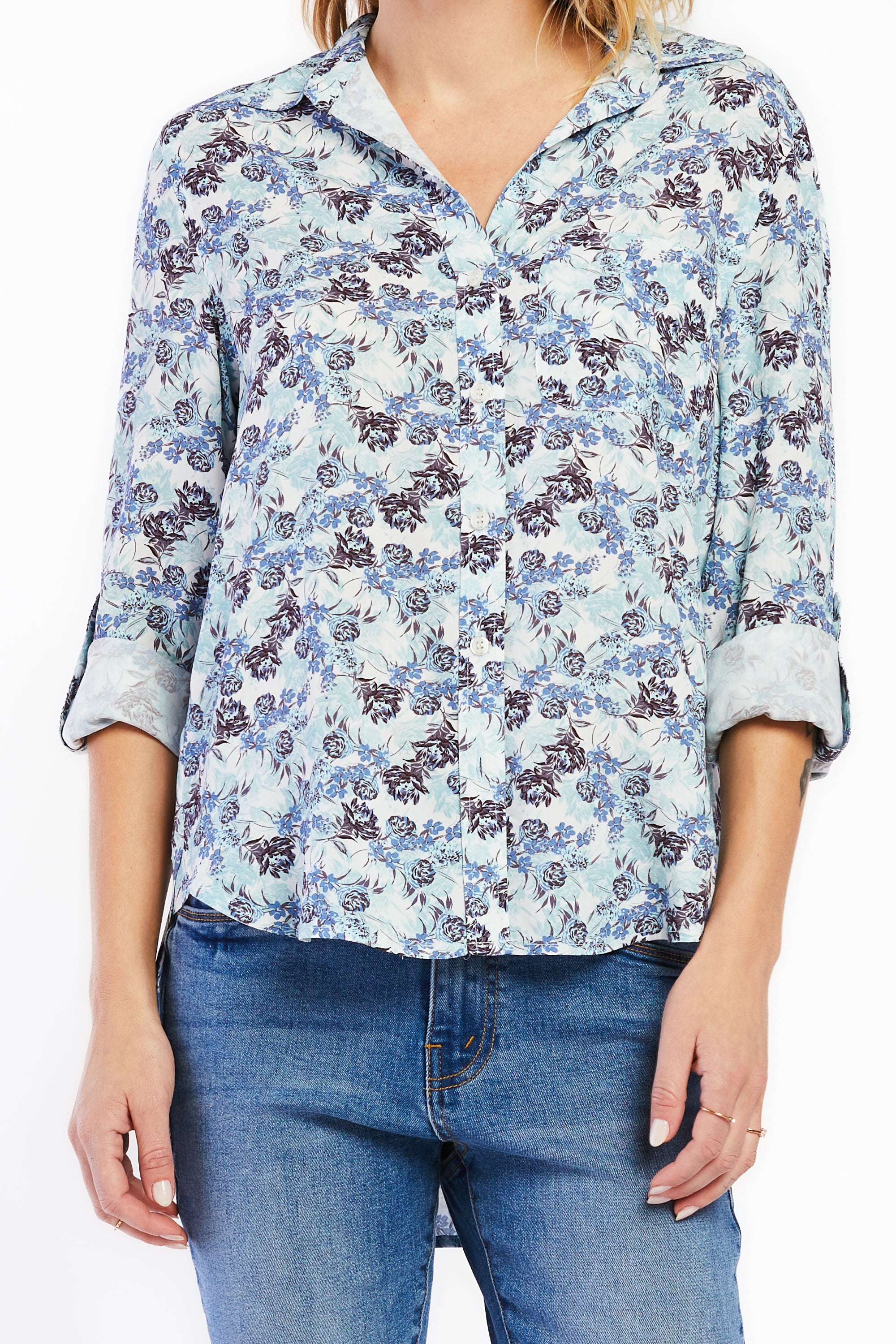  Elisa Rolled Tab Sleeve Button Down Shirt - Blue Floral Bloom - Bonton