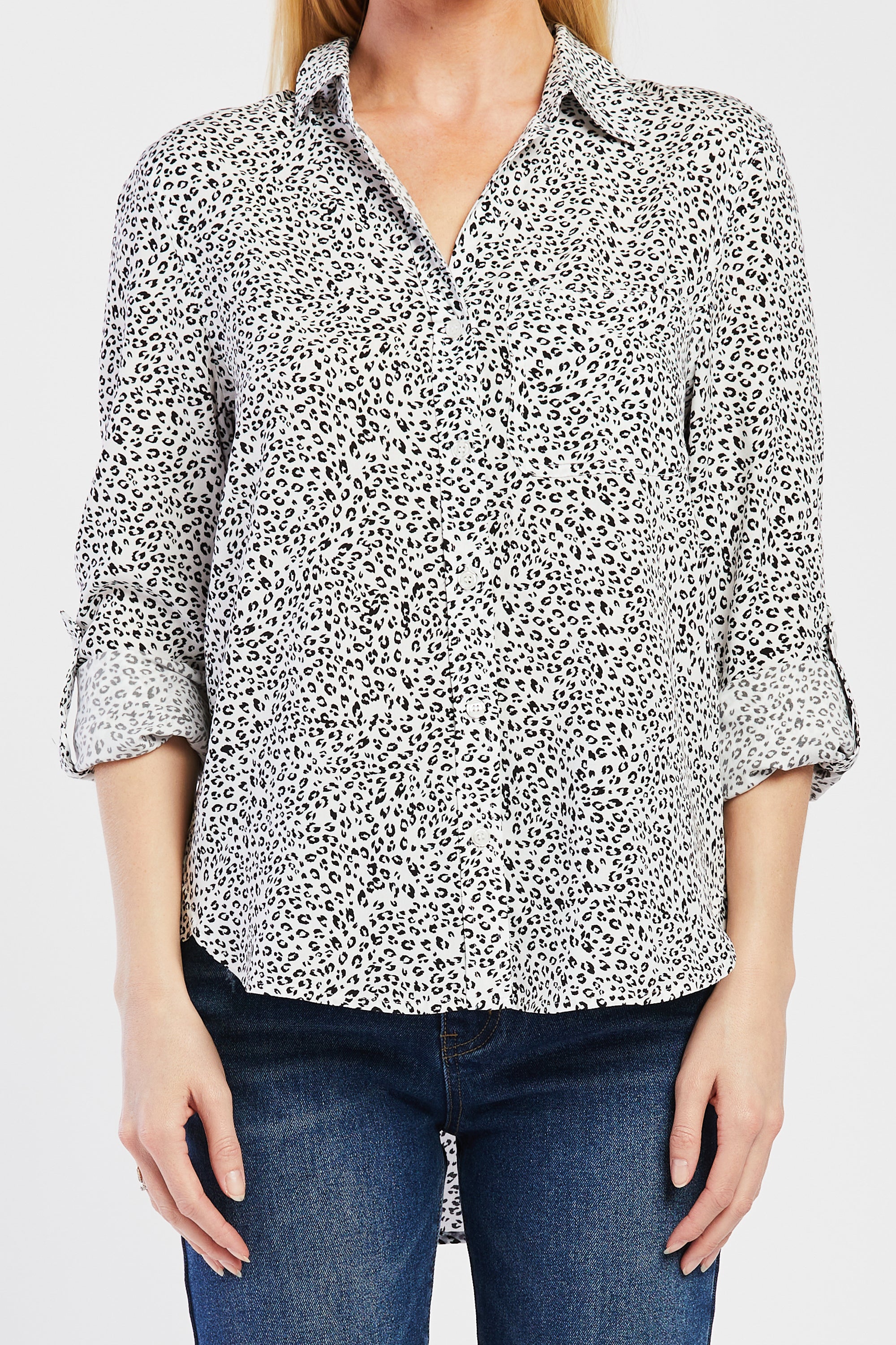  Elisa Tab Sleeve Button Down Shirt Single Chest Pocket - White Black Leopard - Bonton