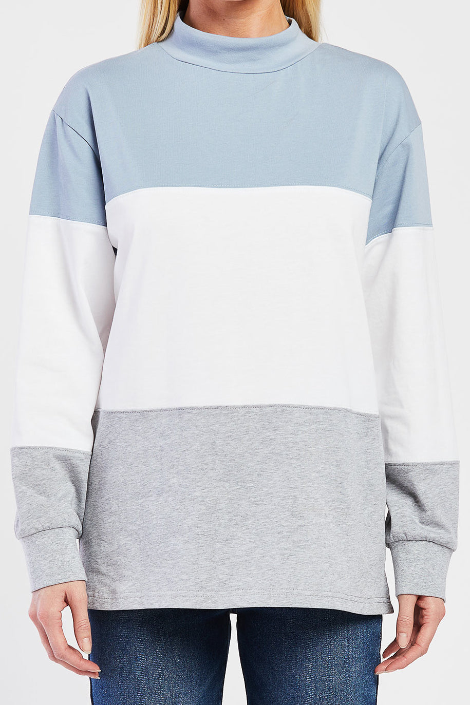  Eloise Mock Neck Color Block Top - Blue/Wht/Grey Colorblock - Bonton