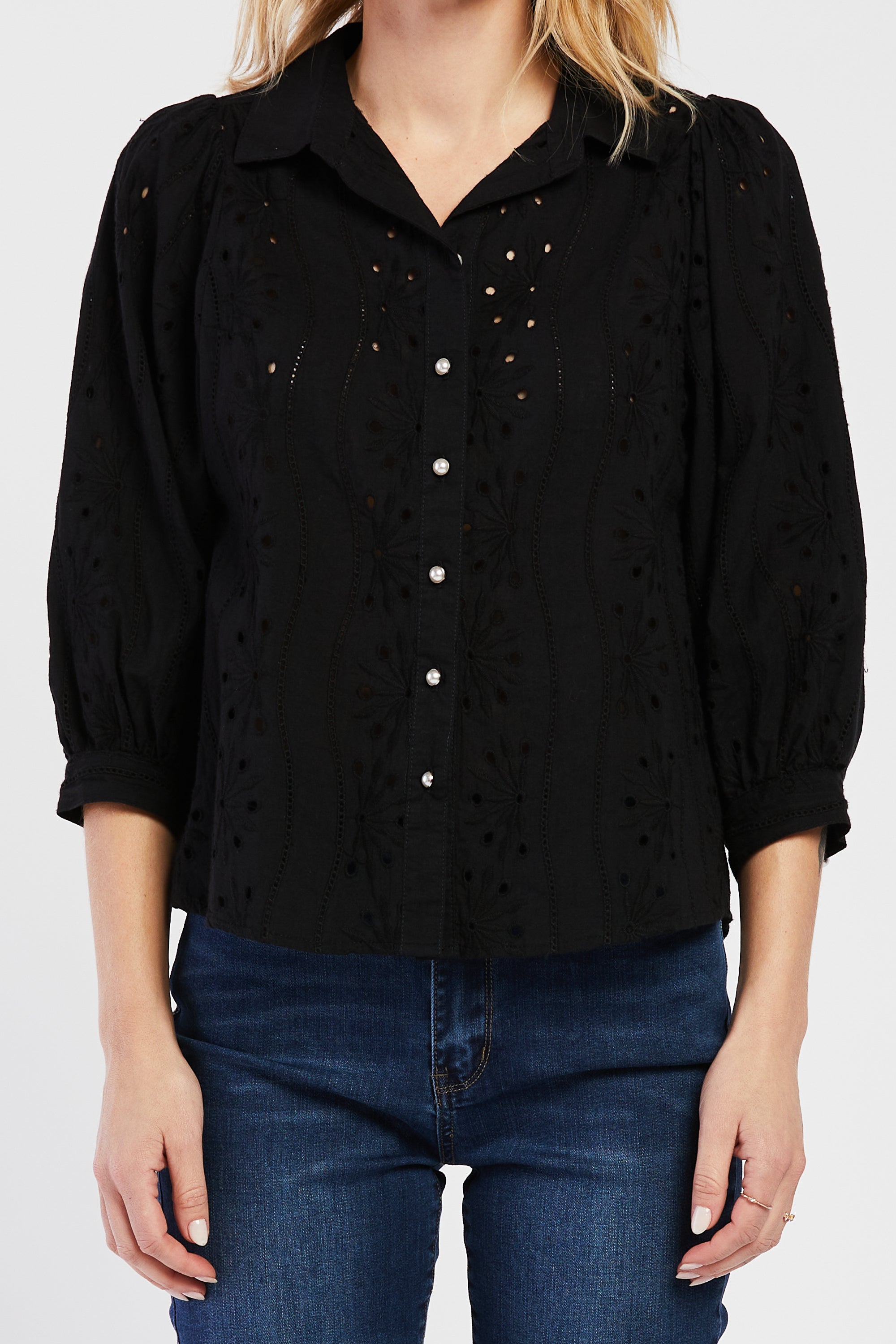  Teehan 3/4 Puff Sleeve Button Down Eyelet Shirt - Black - Bonton