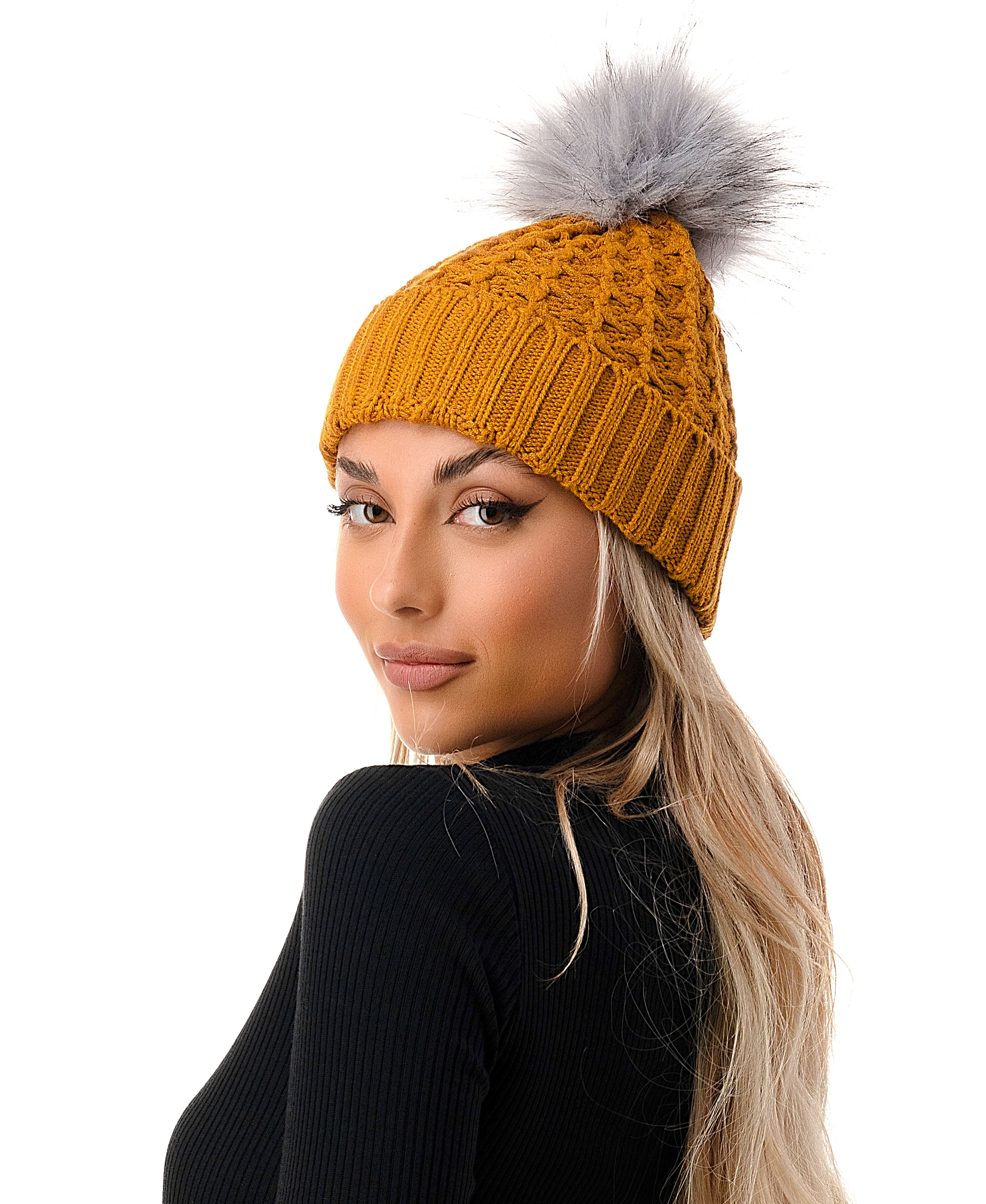  Cable Knit Beanie 4 - Mustard - Bonton